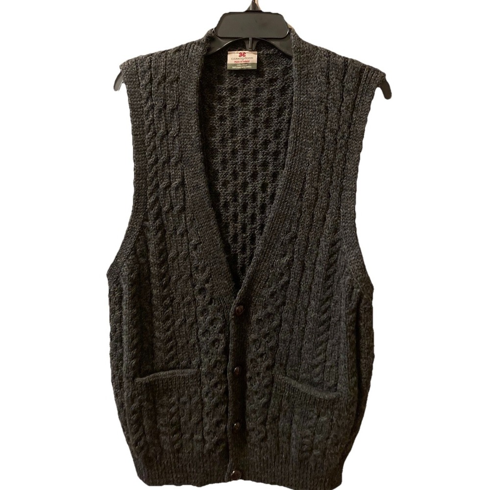 Carraig Donn Irish Sweater Vest Fisherman Cable Knit 100% Wool Gray Large US10